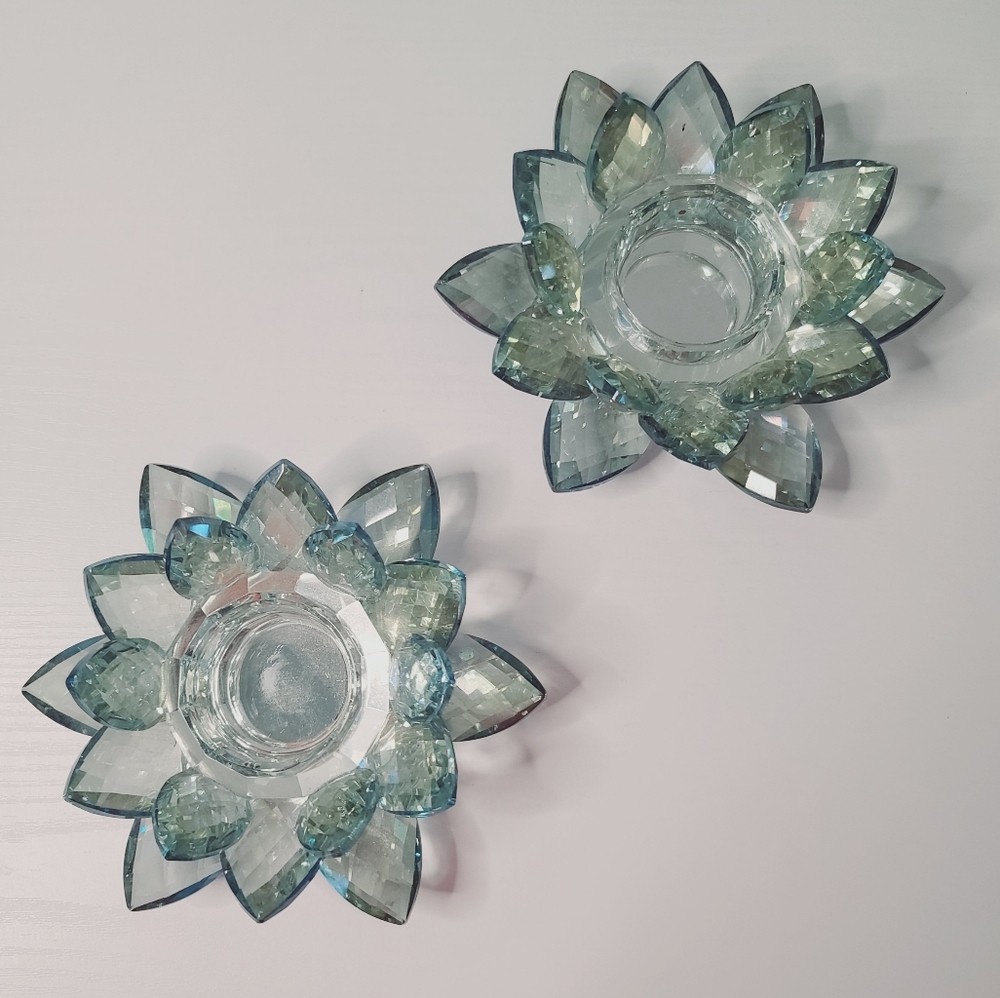 Swarovski Cut Crystal Aqua Lotus Candle Holders -Set of Two